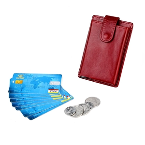 Red genuine leather RFID blocking card holder with pop-up mechanism and coin capacity
