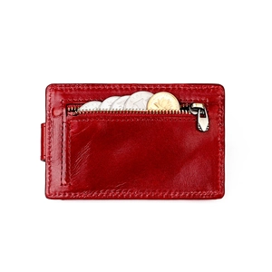 Red genuine leather card wallet with zip pocket and pop-up aluminum credit card holder