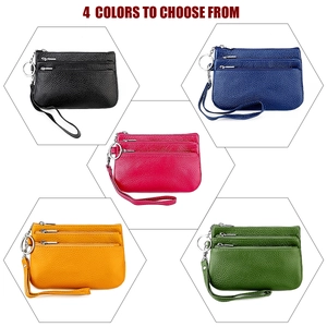 Three-zipper leather wristlet wallet shown in five vibrant colors with lychee texture