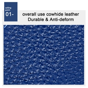Macro detail of dark blue cowhide leather showing durable lychee grain texture on purse