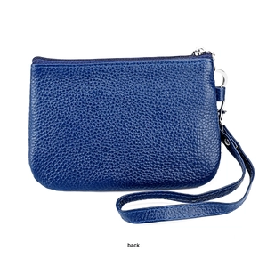 Detailed back view of dark blue litchi grain cowhide leather coin purse with wrist strap