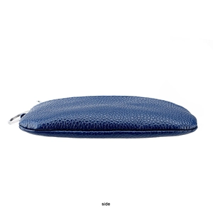Detailed side view of dark blue lychee grain leather wallet with silver metal key ring