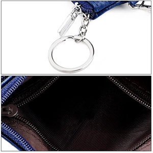 Macro detail of blue lychee leather coin purse with silver zipper and metal keyring