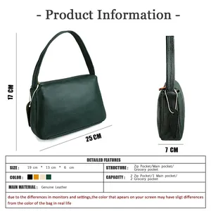 Detailed size chart for genuine leather handbag showing dimensions and four color variants
