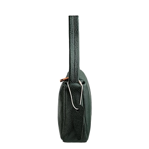 Detail of dark green pebble leather bag showing smooth metal zipper and side texture