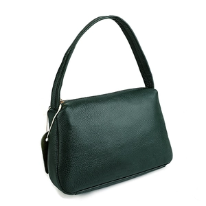 Detail of dark green pebble leather underarm bag with sturdy handle and metal zipper