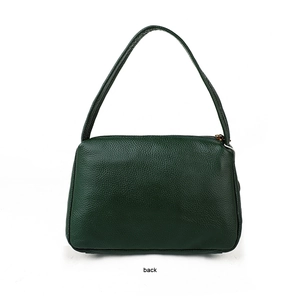 Rear view of a dark green pebble leather underarm bag with a top handle and zipper