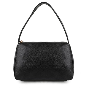 Close-up of black lychee grain leather underarm bag with gold zipper and minimalist handle