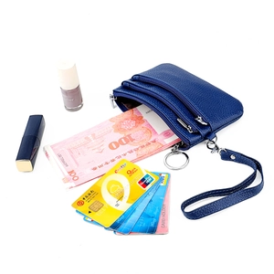Three-zipper genuine leather wristlet wallet with litchi grain and keychain ring in navy blue