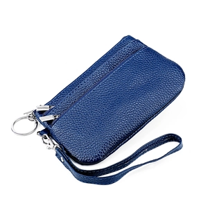 Dark blue genuine leather wristlet wallet with triple zipper pockets and lychee texture