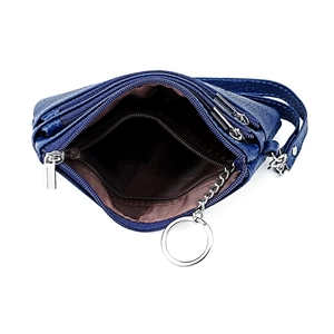 Genuine cowhide leather wristlet coin purse in navy blue with multi-layer zippers
