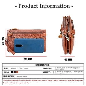 Detailed size chart for genuine leather handbag showing dimensions 215mm x 125mm x 40mm