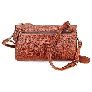 Detailed view of brown lychee grain leather crossbody bag with multiple zippers and gold hardware