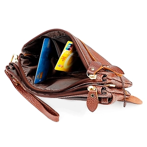 Macro view of brown lychee grain leather handbag with multi-zipper slots and card holders