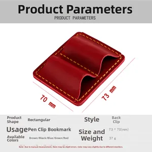 Detail view of the red leather pen holder clip showing litchi texture and 73x70mm dimensions