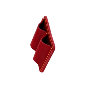 Detail view of red crazy horse leather pen holder with double slots and yellow stitching