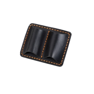 Detail of black crazy horse leather pen case with orange stitching and double slots