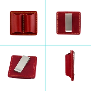 Red crazy horse leather pen sleeve with two slots and a stainless steel clip in four views