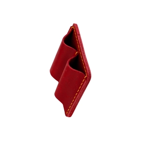 Handcrafted red crazy horse leather double pen sleeve with steel buckle and yellow stitching
