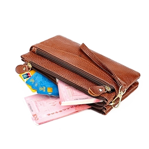 Brown litchi grain genuine leather wallet with multi-zipper layers and wrist strap