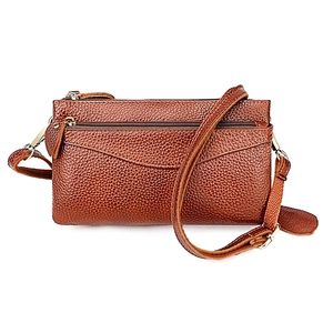 Brown litchi grain genuine leather crossbody bag with dual zipper compartments