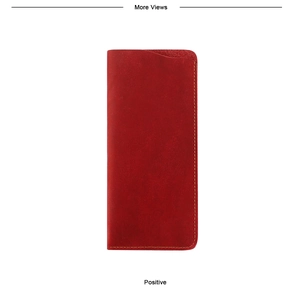 Front view of handmade dark red leather sunglasses case with contrast yellow stitching
