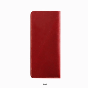 Detailed back view of red crazy horse leather sunglasses case with yellow stitching