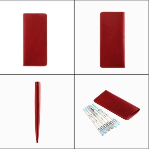 Detailed four-angle view of a red crazy horse leather pouch for sunglasses or pens