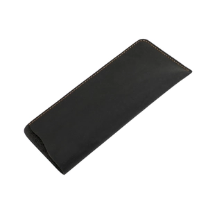 Detailed view of black leather eyewear pouch with vibrant contrast stitching on white background