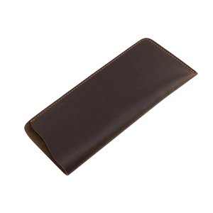 Detail of dark brown crazy horse leather glasses pouch with orange contrast stitching
