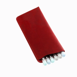 Portable red crazy horse leather sunglasses case with six slots and yellow stitching