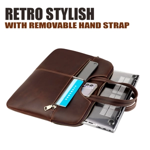 Macro detail of crazy horse leather laptop bag with removable strap and compartments