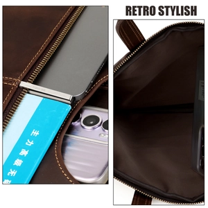 Macro view of retro brown leather laptop sleeve side pocket and internal compartment
