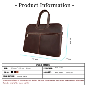 Leather MacBook Pro 15-inch bag detail showing 375x295x30mm dimensions and multi-pocket layout