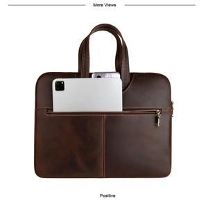 Deep brown crazy horse leather laptop bag with functional front zipper pocket