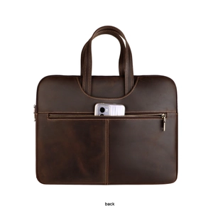 Macro detail of high-quality crazy horse leather laptop sleeve with zip pocket