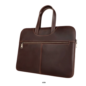 Side view of dark brown crazy horse leather briefcase for 15-inch Macbook Pro