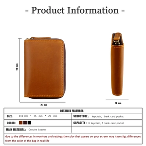 Detailed product dimensions for the brown genuine leather zipper key case and card holder