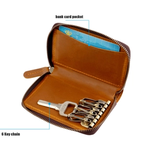 Brown leather key wallet detail showing 6 metal hooks and a dedicated bank card pocket
