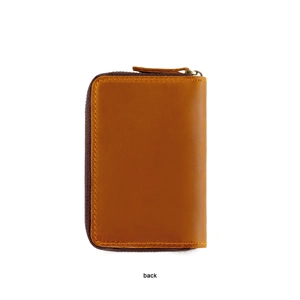 Back view of brown leather zipper key pouch with detailed stitching and texture