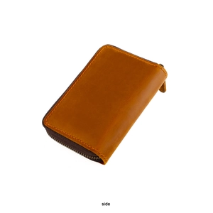 Side view of retro brown leather zipper key pouch with detailed yellow stitching