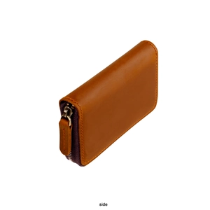 Side view of brown genuine leather zipper key pouch with detailed stitching and matte finish