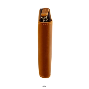 Side view of retro brown crazy horse leather key pouch showing thickness and zipper detail