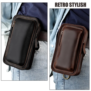 Retro crazy horse leather phone pouch detail with reinforced stitching and zip pocket