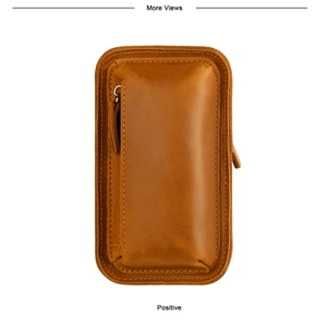 Front view of retro brown genuine cowhide leather phone holster with metal zipper closure