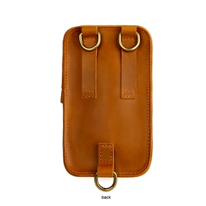 Rear view of crazy horse leather phone holster showing vintage D-rings and belt loop