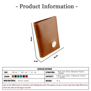 Brown genuine leather passport holder with Airtag slot and detailed size specifications