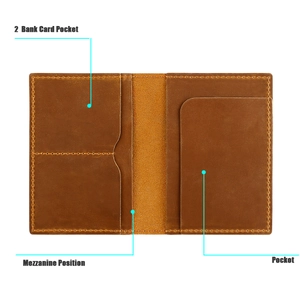 Detailed interior of genuine leather passport holder with slots for AirTag and bank cards