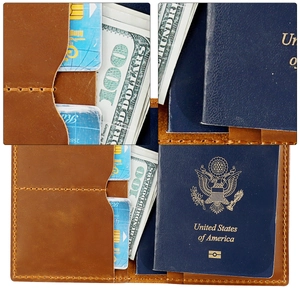 Macro shot of brown leather passport wallet with AirTag holder and card slots