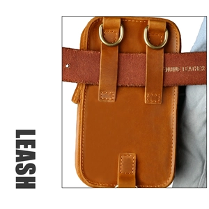 Detail of crazy horse leather phone pouch with back D-rings and belt loop attachment